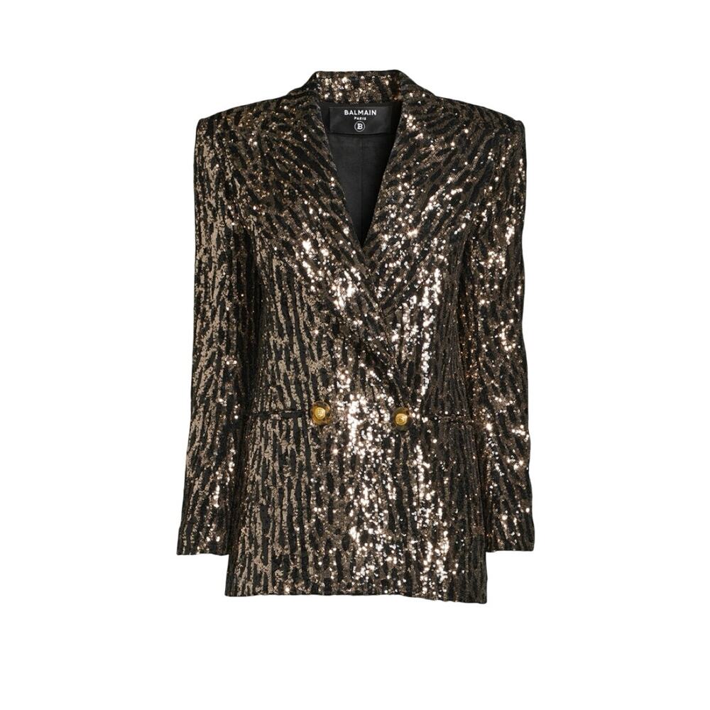 NWT Balmain Blazer Jacket FR 40 US 8 Black Gold Sequin Animal Print $3,999